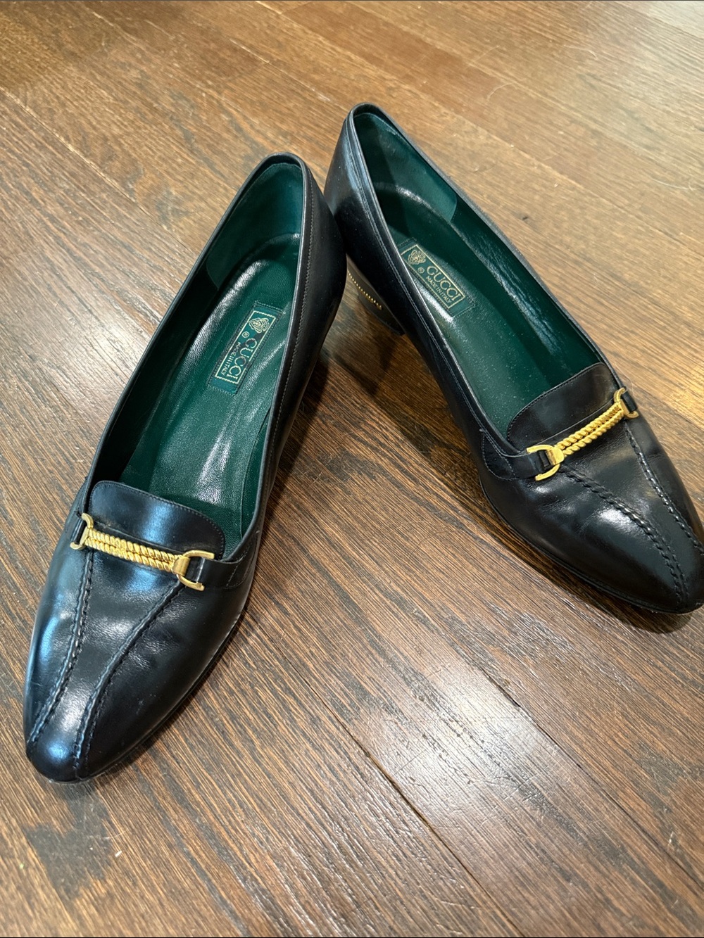 Vintage Gucci Black Leather Loafers with Gold Bit